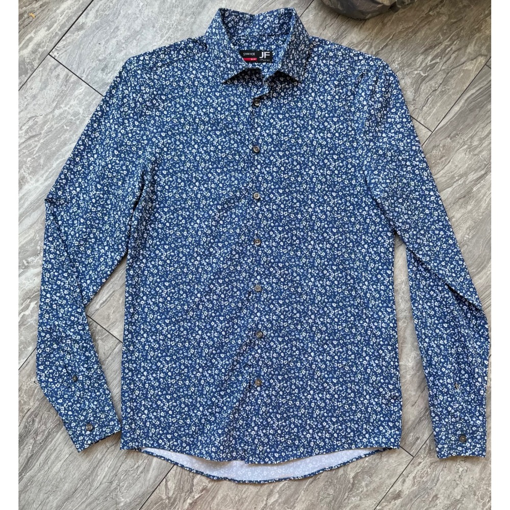 J. Ferrar Men's Small Slim Fit Stretch Button Down Shirt Blue Floral 0349